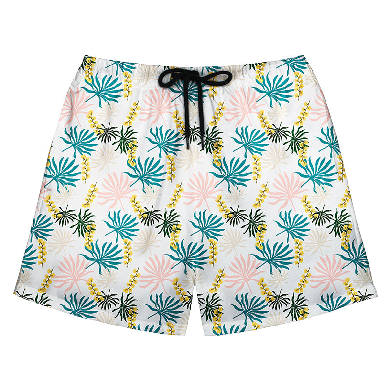 White Pastel Palm & Floral Print Beach Shorts
