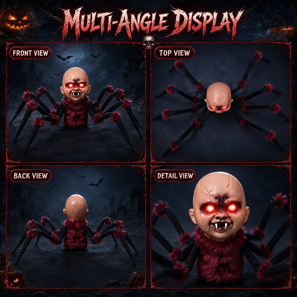 Halloween Crawling Head Spider Animatronic Prop, Touch Activated Decoration with Red LED Glowing Eyes, Spooky Music, Move Forward & Backward for Haunted House Yard Decor