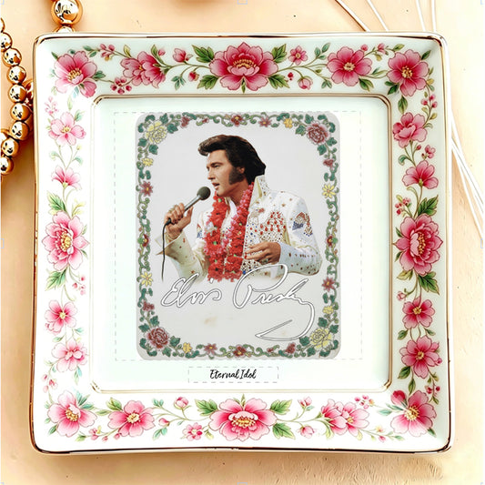 Custom Eternal Idol Jewelry Dish - Personalized Celebrity Photo Ceramic Tray with Pink Floral Blossom Border