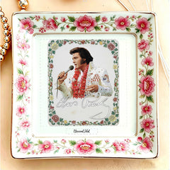 Custom Eternal Idol Jewelry Dish - Personalized Celebrity Photo Ceramic Tray with Pink Floral Blossom Border
