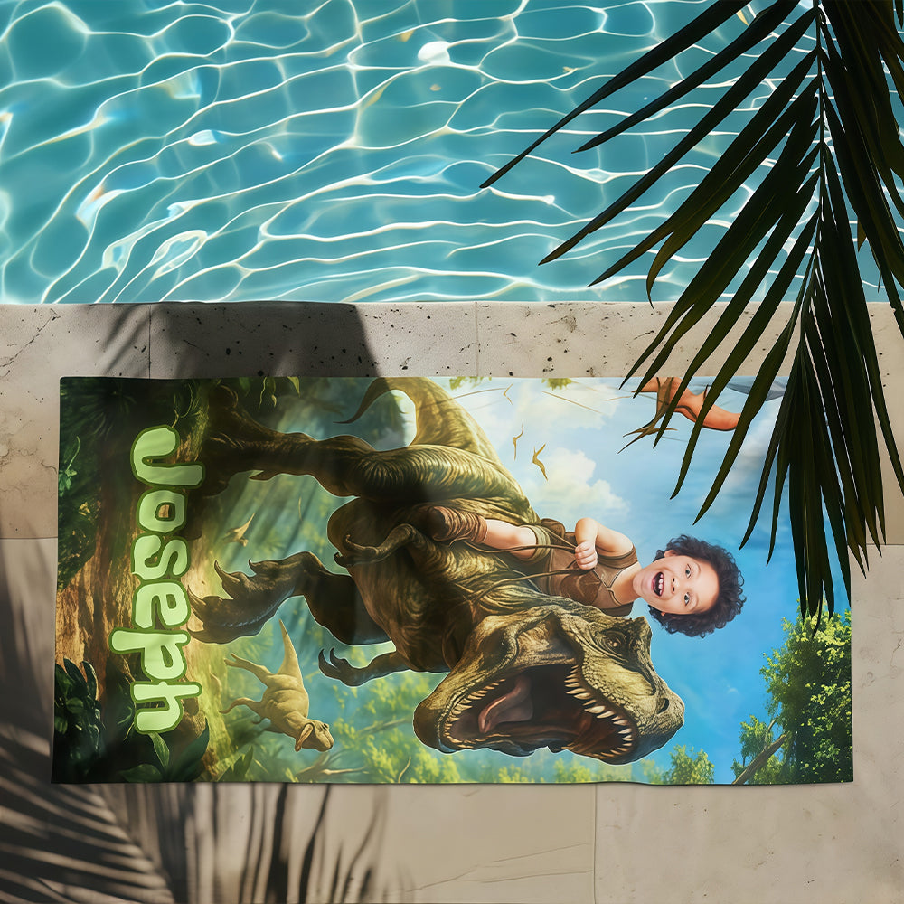 Personalized Dinosaur Beach Towel, Custom Dino Kid Pool Towel, Child Face Name, Boys Gift.