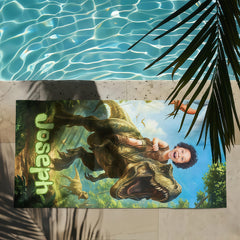 Personalized Dinosaur Beach Towel, Custom Dino Kid Pool Towel, Child Face Name, Boys Gift.