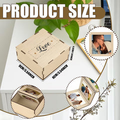 Personalized wooden photo box with waterfall-style flip cover panel - perfect for wedding, anniversary, or couple's photo storage gifts. The interior can hold souvenirs.