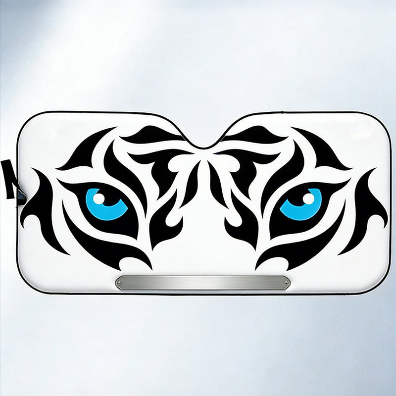 Custom Tribal Blue-Eyed Tiger Graphic Car Sunshade - Personalized Name Plate White Background