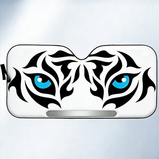 Custom Tribal Blue-Eyed Tiger Graphic Car Sunshade - Personalized Name Plate White Background