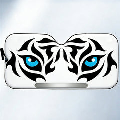 Custom Tribal Blue-Eyed Tiger Graphic Car Sunshade - Personalized Name Plate White Background