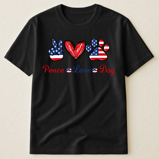 Peace Love Dog American Flag Peace Sign Paw Print Patriotic 4th Of July T-Shirt