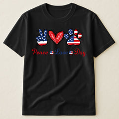 Peace Love Dog American Flag Peace Sign Paw Print Patriotic 4th Of July T-Shirt