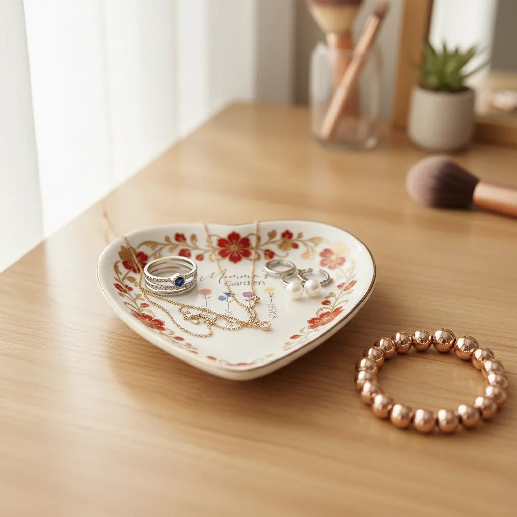 Custom  Photo Ceramic Trinket Tray with Elegant Red Floral Vine Border-Mom's garden