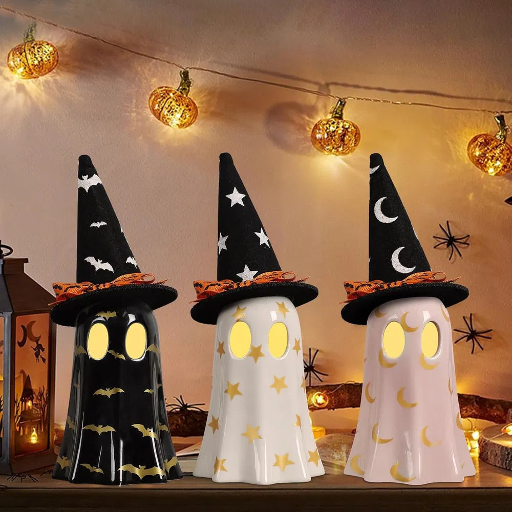 set of 3 ceramic ghost figurines with witch hats - product photo 6 of 6