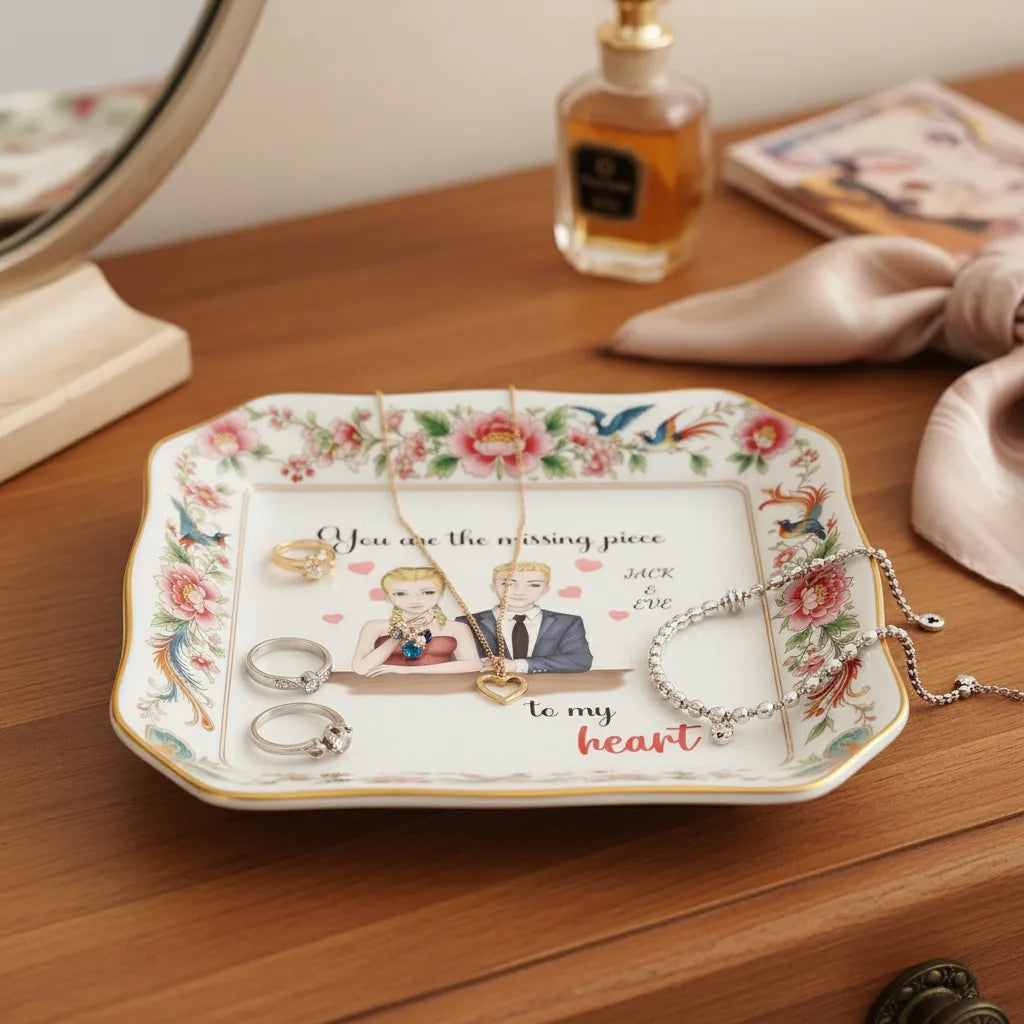 Custom Photo Ceramic Trinket Tray with Elegant Floral and Phoenix Bird Border-You are the missing piece to my heart