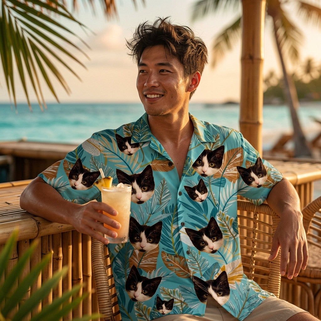 Light Blue Tropical Leaf Print Casual Aloha Shirt