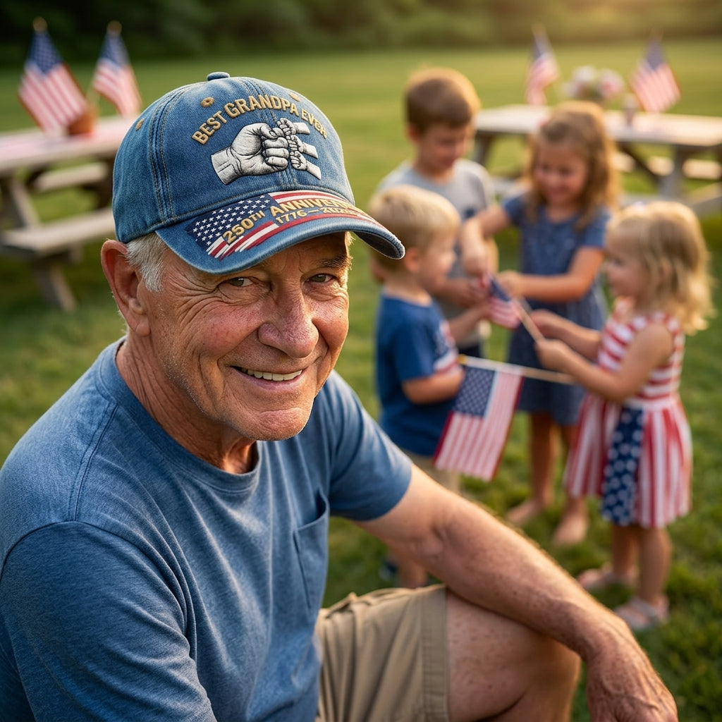 "Best Grandpa Ever" 4 Generations Fist Bump 250th Anniversary Denim Cap