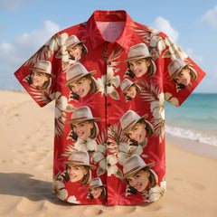Red Hibiscus & Palm Tree Print Hawaiian Shirt