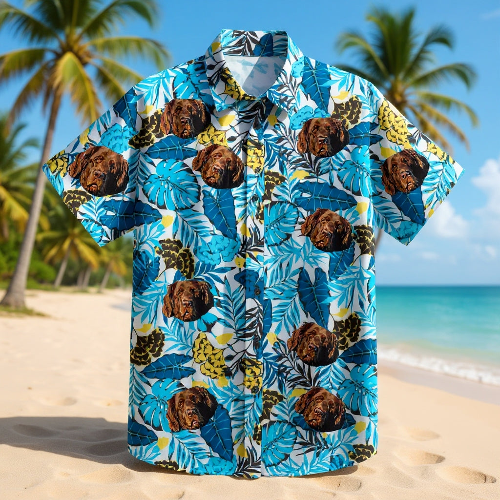 Custom Photo Hawaiian Shirt – Personalized Golden Sunflower & Tropical Foliage Tee – Unique DIY Aloha Vibe Vacation Wear