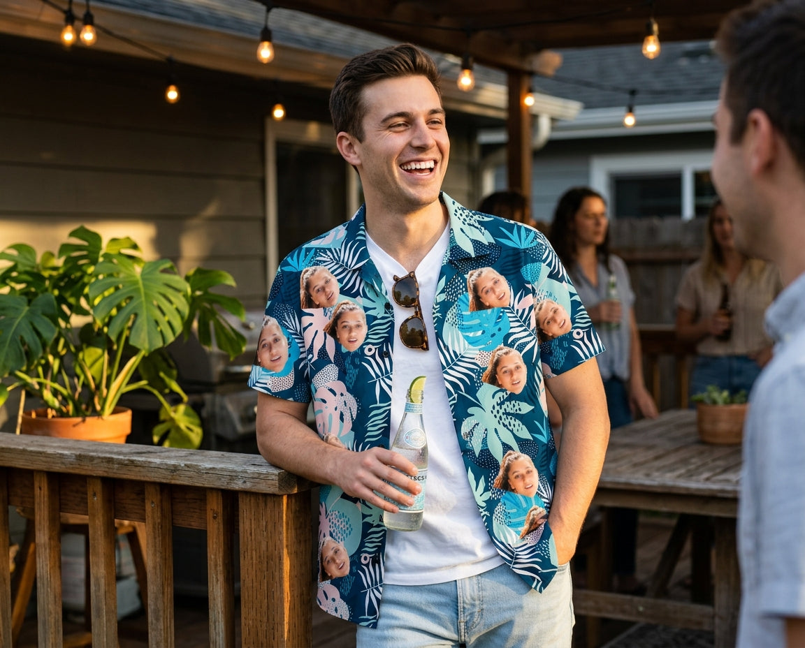 Custom Photo Hawaiian Shirt – Personalized Blue Hibiscus & Monstera Leaf Button-Down – Unique DIY Tropical Island Vibe Shirt