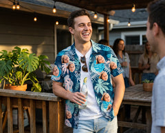 Custom Photo Hawaiian Shirt – Personalized Blue Hibiscus & Monstera Leaf Button-Down – Unique DIY Tropical Island Vibe Shirt