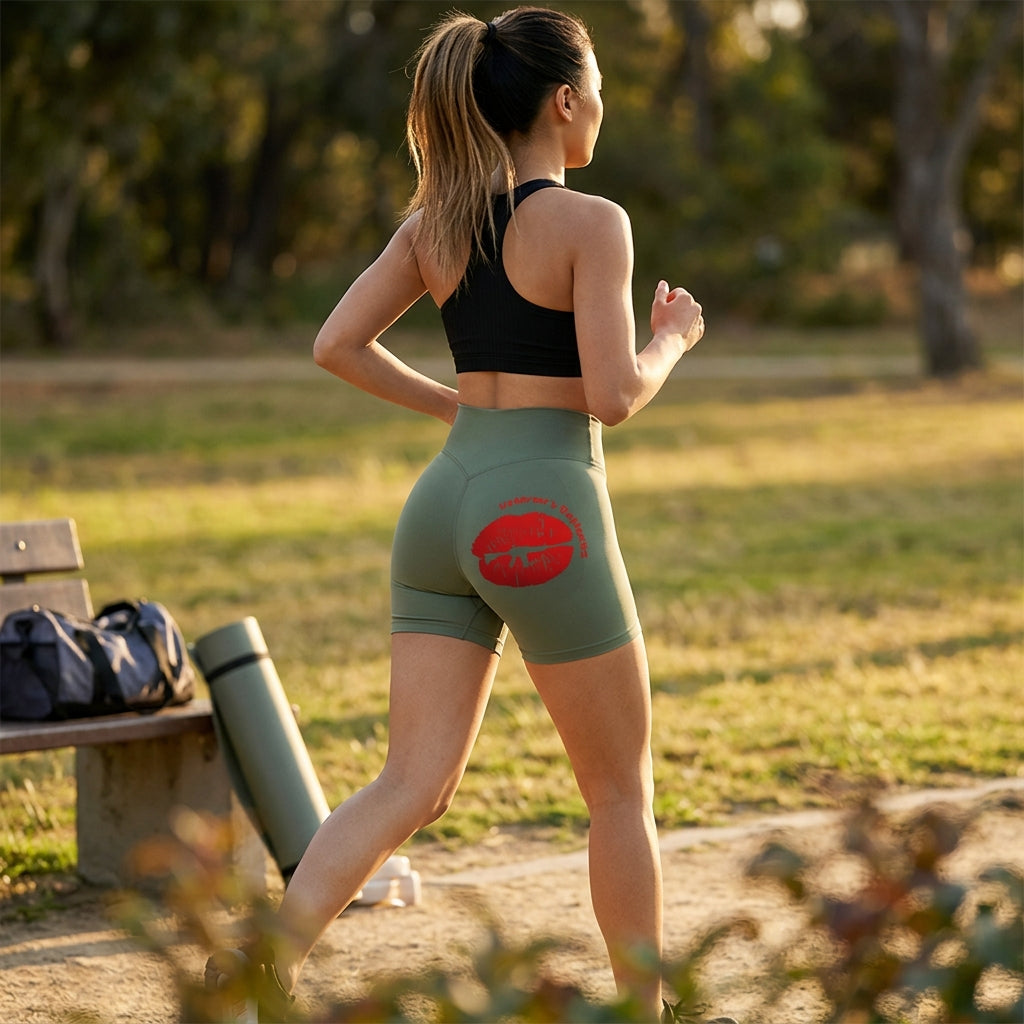 Personalized Olive Green Custom Name Shorts – DIY "Veteran's Buttocks" Red Lips & Rifle Graphic Yoga Shorts