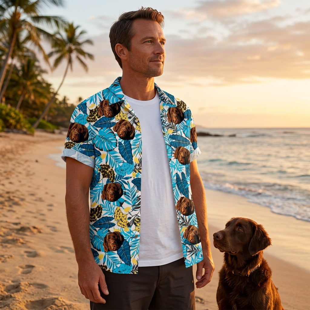 Custom Photo Hawaiian Shirt – Personalized Golden Sunflower & Tropical Foliage Tee – Unique DIY Aloha Vibe Vacation Wear