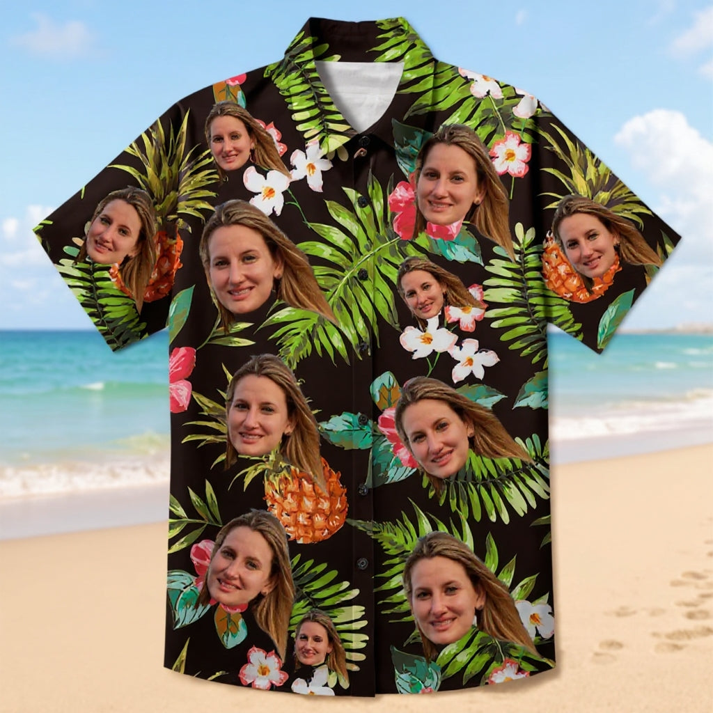 Pineapple & Hibiscus Print Black Aloha Shirt