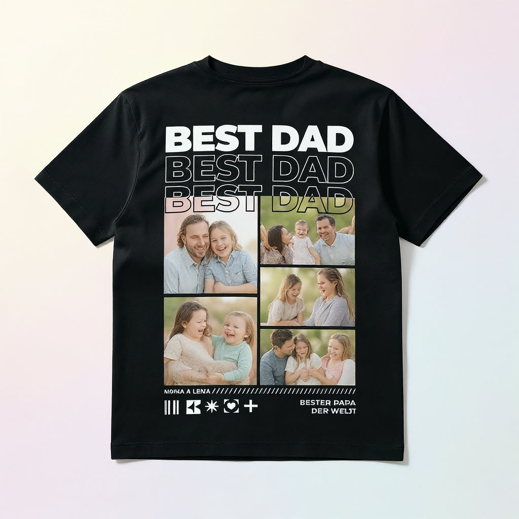 Custom "BEST DAD" T-Shirt – Personalized B&W 4-Photo Collage Tee – Unique DIY Minimalist Black & White Father's Day Gift for Dads