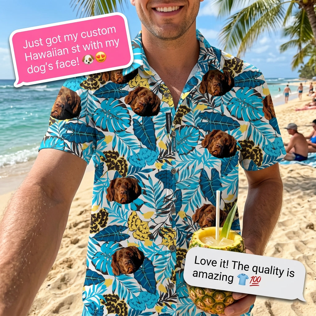 Custom Photo Hawaiian Shirt – Personalized Golden Sunflower & Tropical Foliage Tee – Unique DIY Aloha Vibe Vacation Wear