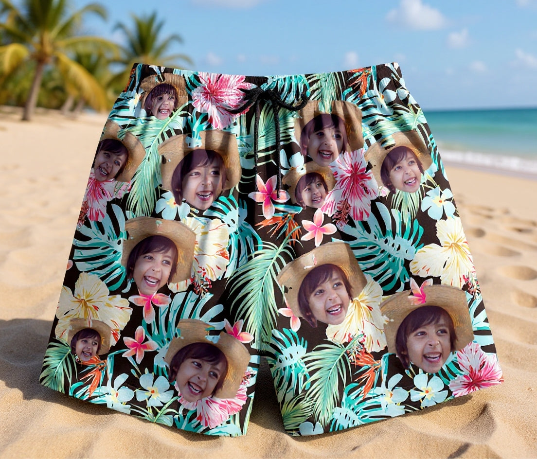 Custom Photo Hawaiian Shorts – Personalized Blue Orchid & Lush Monstera Leaf Shorts – Unique DIY Tropical Island Holiday Gift