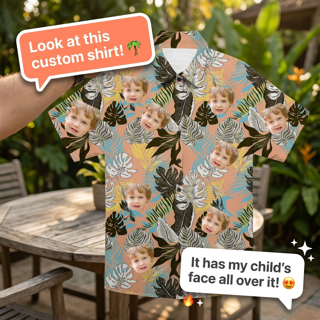Custom Photo Hawaiian Shirt – Personalized Pink Floral & Lush Tropical Palm Button-Down – Unique DIY Aloha Summer Vacation Gift