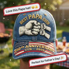 "Best Grandpa Ever" 3 Generations Fist Bump Patriotic Denim Baseball Cap