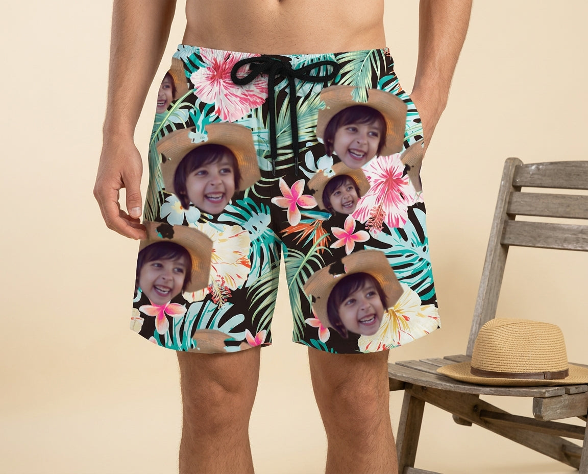 Custom Photo Hawaiian Shorts – Personalized Blue Orchid & Lush Monstera Leaf Shorts – Unique DIY Tropical Island Holiday Gift