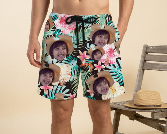 Custom Photo Hawaiian Shorts – Personalized Blue Orchid & Lush Monstera Leaf Shorts – Unique DIY Tropical Island Holiday Gift