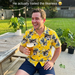 Yellow Hawaiian Shirt with Blue Palm Leaf Print
