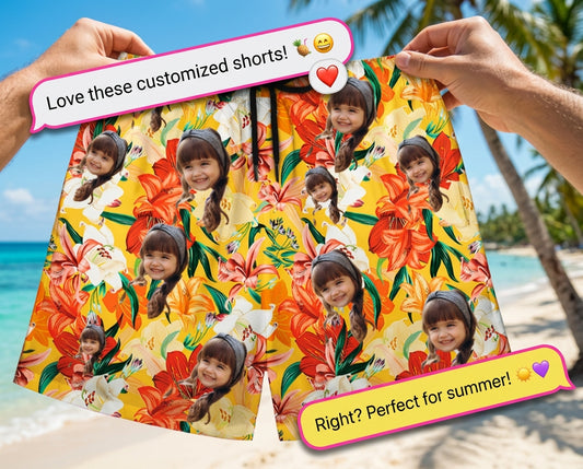 Custom Photo Hawaiian Shorts – Personalized Pink Floral & Tropical Palm Beach Trunks – Unique DIY Summer Vacation Gift