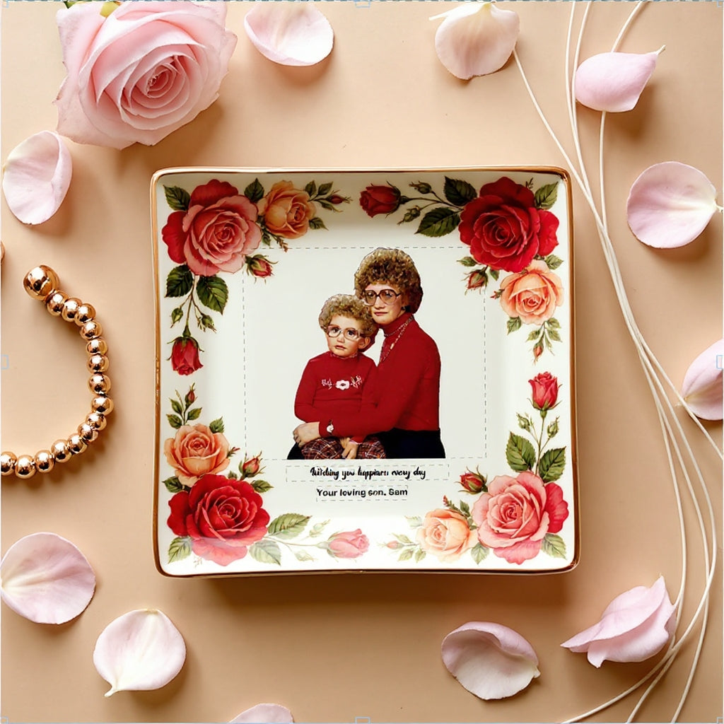 Personalized Mother’s Day Jewelry Dish - Custom Photo Ceramic Trinket Tray with Floral Rose Border