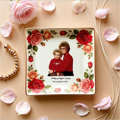 Personalized Mother’s Day Jewelry Dish - Custom Photo Ceramic Trinket Tray with Floral Rose Border