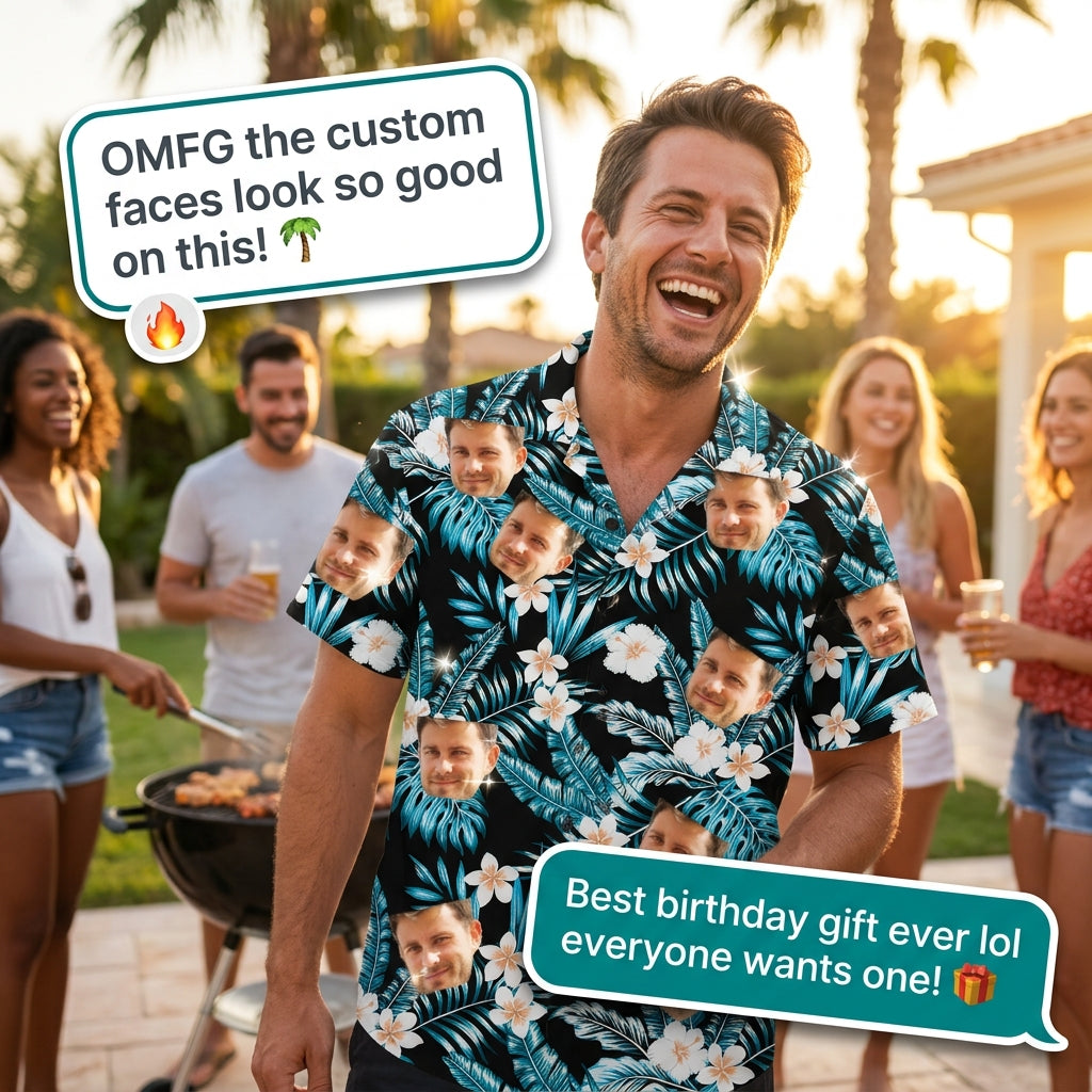 Custom Photo Hawaiian Shirt – Personalized Red Tropical Bloom & Green Palm Button-Down – Unique DIY Bold Aloha Vibe Apparel