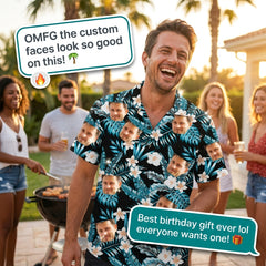Custom Photo Hawaiian Shirt – Personalized Red Tropical Bloom & Green Palm Button-Down – Unique DIY Bold Aloha Vibe Apparel