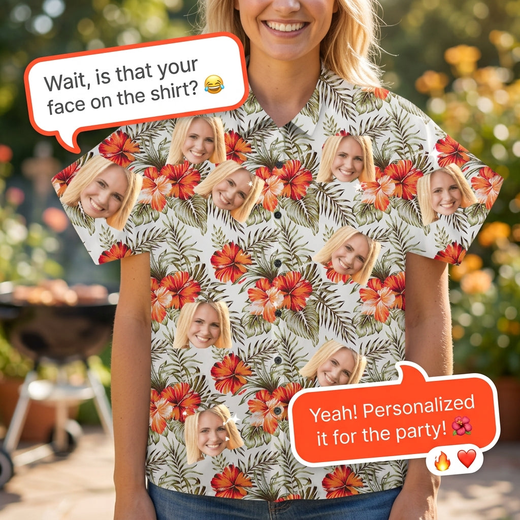 Custom Photo Hawaiian Shirt – Personalized Vibrant Sunflower & Tropical Leaf Button-Down – Unique DIY Beach Party Holiday Wear