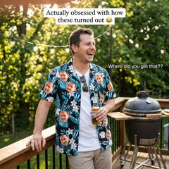 Custom Photo Hawaiian Shirt – Personalized Red Tropical Bloom & Green Palm Button-Down – Unique DIY Bold Aloha Vibe Apparel