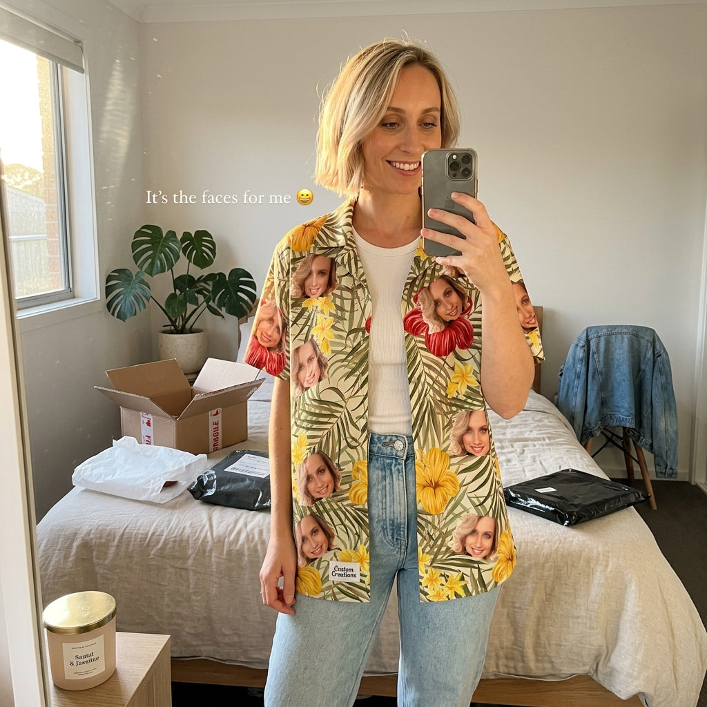 Custom Photo Hawaiian Shirt – Personalized Exotic Purple Orchid & Jungle Leaf Button-Down – Unique DIY Summer Luau Outfit