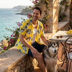 Yellow Hawaiian Shirt with Blue Palm Leaf Print