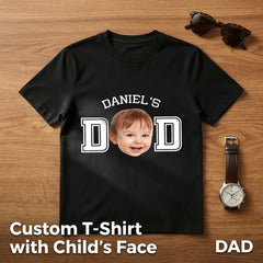 Custom Kid's Face "DAD" T-Shirt – Personalized T-Shirt with Kid's Face Cut-Out and Varsity DAD Letters – Unique DIY Father's Day Gag Gift