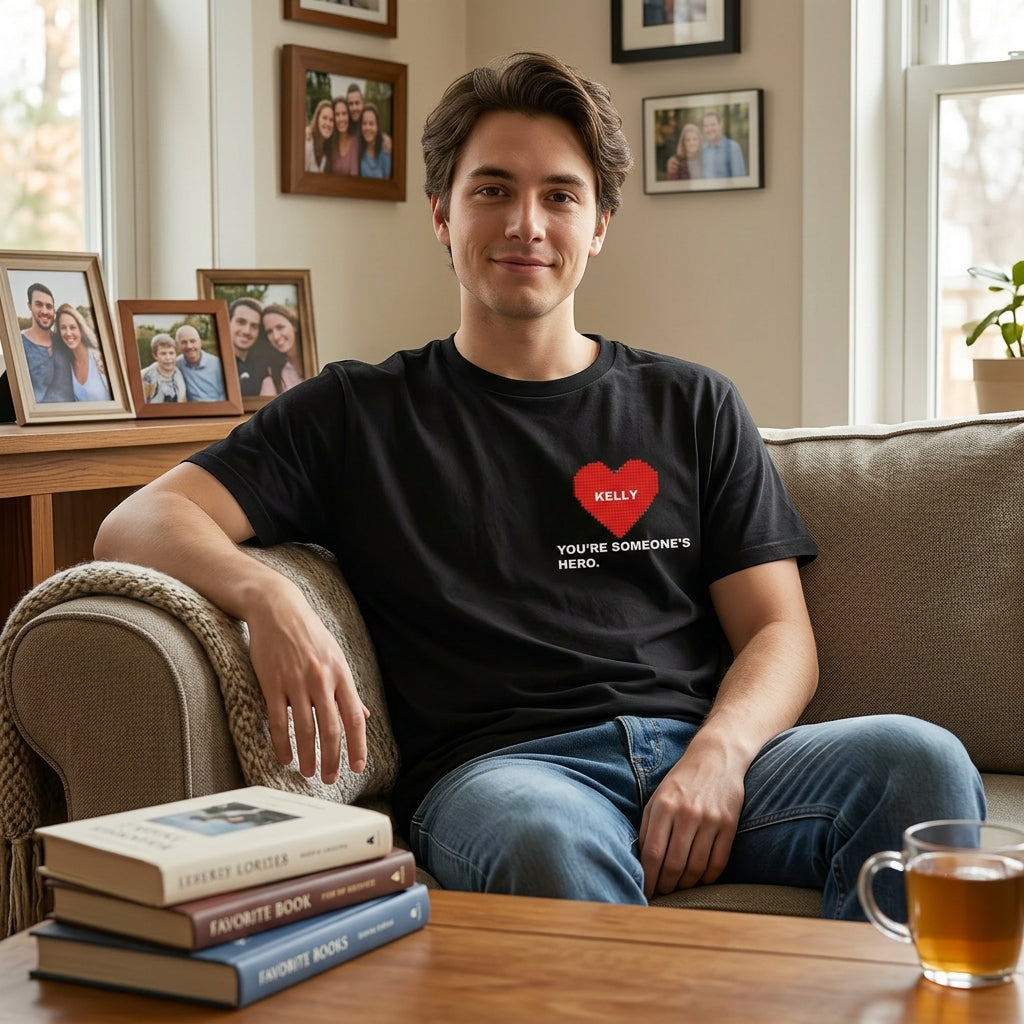 Custom Pixel Heart "You're Someone's Hero" T-Shirt – Personalized Name Heart Pocket Design – Unique DIY Father's Day Gift for Him