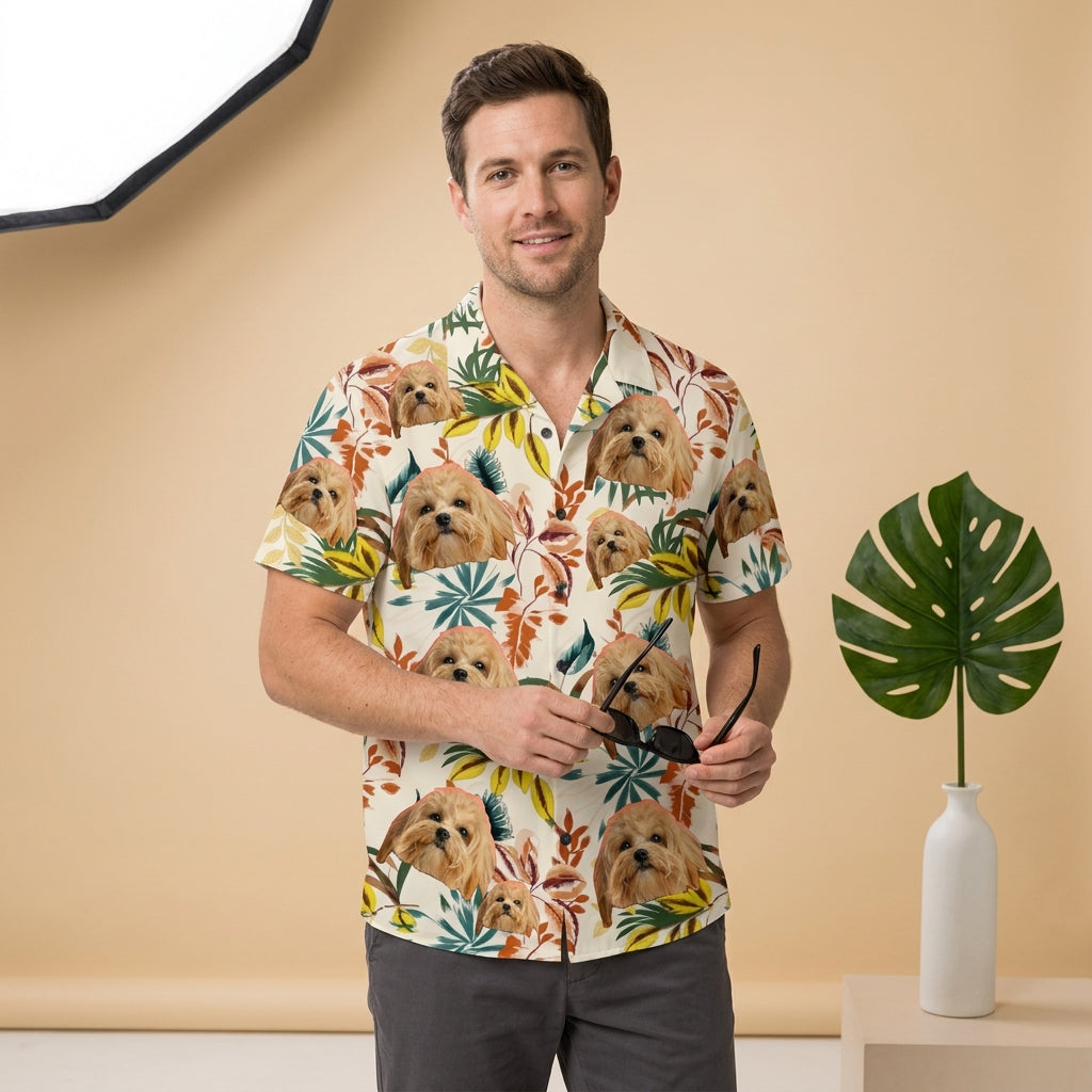 Vibrant Tropical Leaf Print Short-Sleeve Aloha Shirt