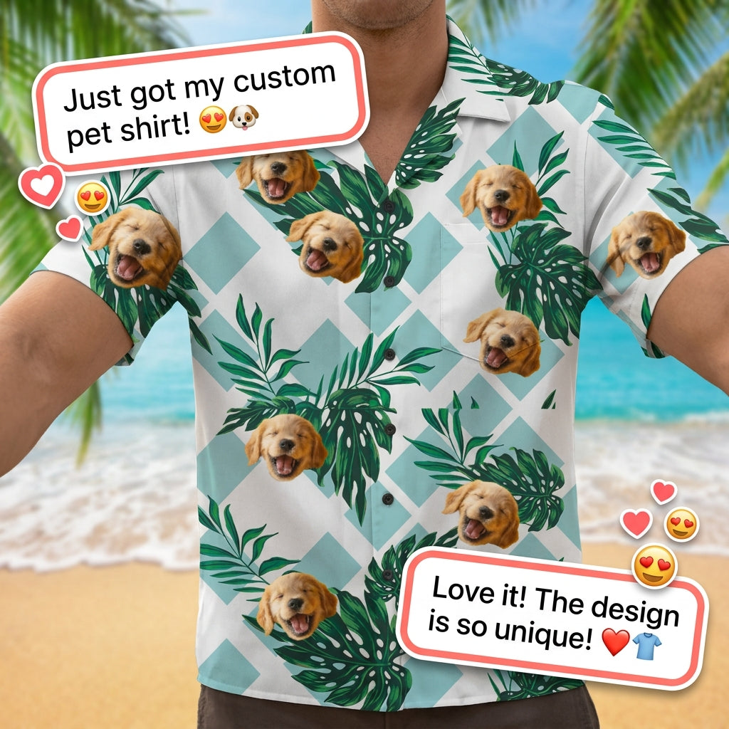 Custom Photo Hawaiian Shirt – Personalized Blue Lagoon Floral & Monstera Leaf Tee – Unique DIY Island Style Summer Gift