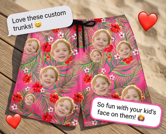 Custom Photo Hawaiian Shorts – Personalized Red Hibiscus & Jungle Leaf Swim Trunks – Unique DIY Aloha Party Beachwear