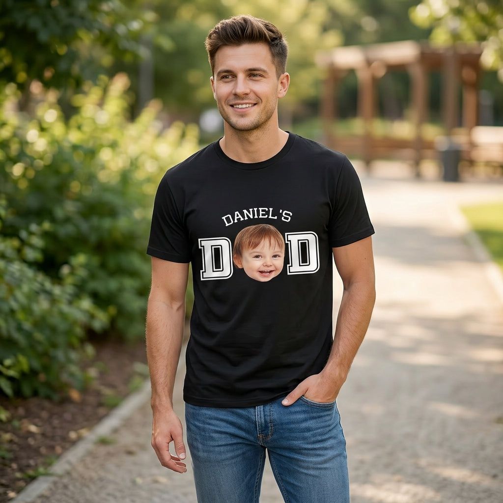 Custom Kid's Face "DAD" T-Shirt – Personalized T-Shirt with Kid's Face Cut-Out and Varsity DAD Letters – Unique DIY Father's Day Gag Gift