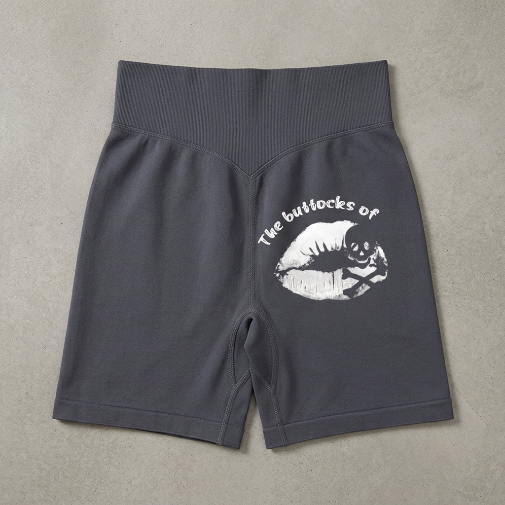 Custom Name Dark Grey Yoga Shorts – Personalized "The Buttocks of" White Lips & Skull Graphic Activewear