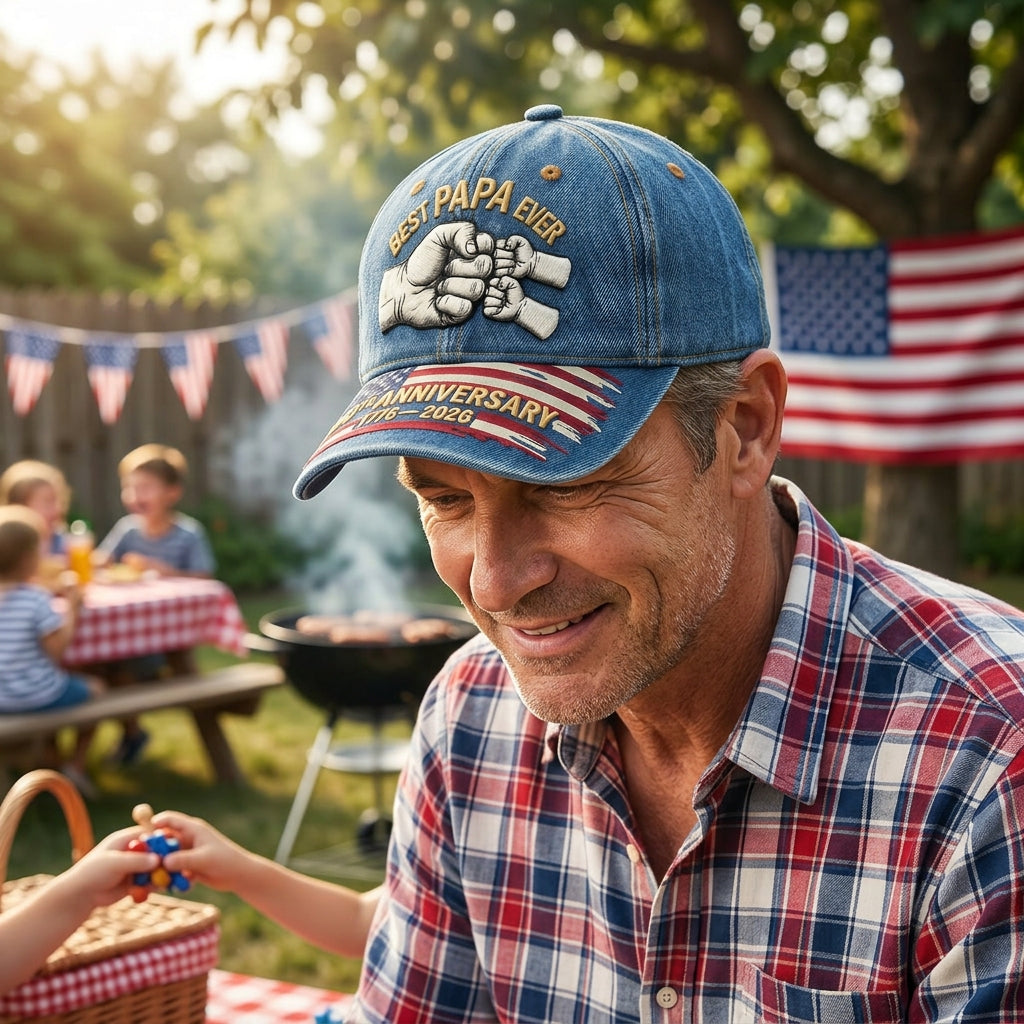 "Best Grandpa Ever" 3 Generations Fist Bump Patriotic Denim Baseball Cap