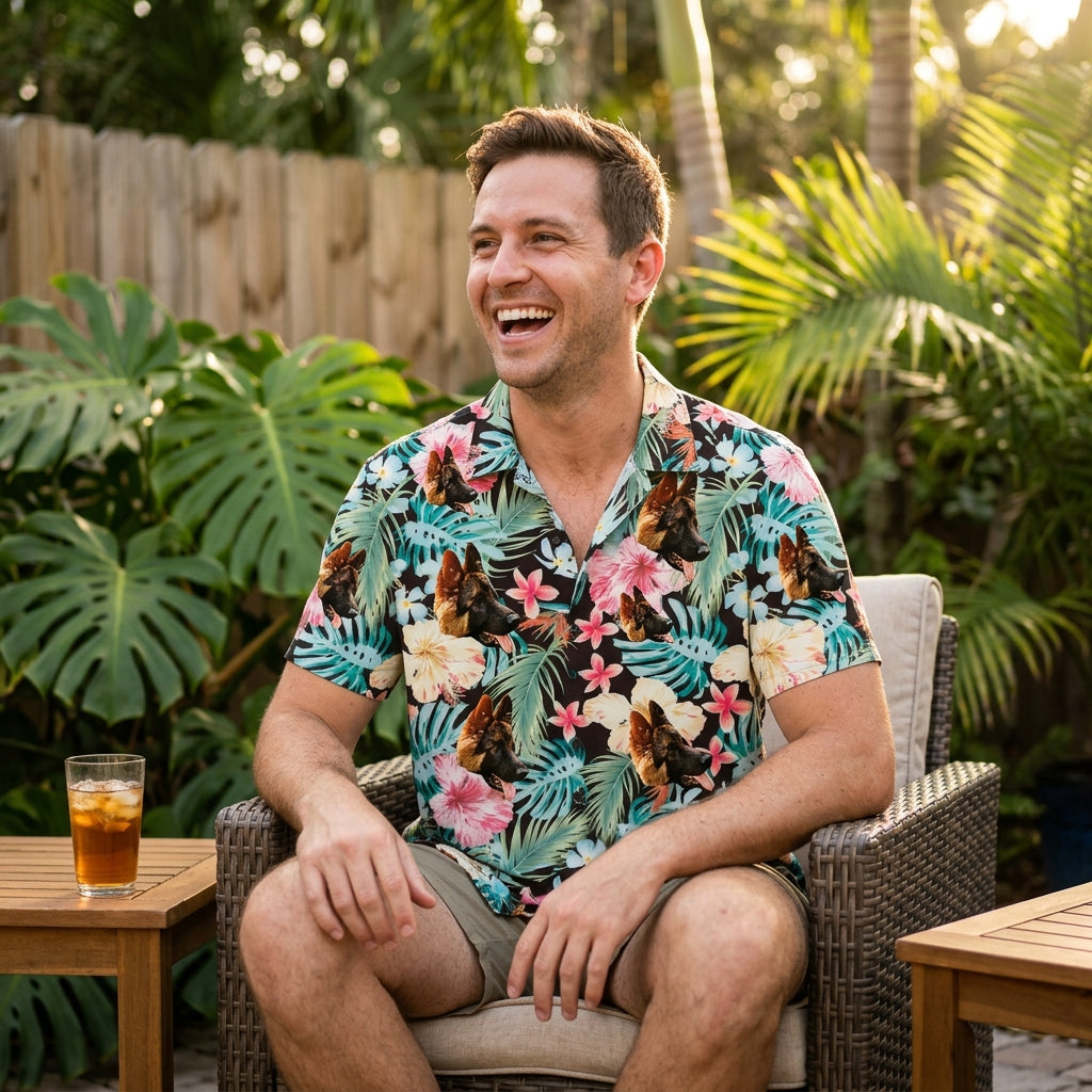 Watercolor Hibiscus & Monstera Black Hawaiian Shirt